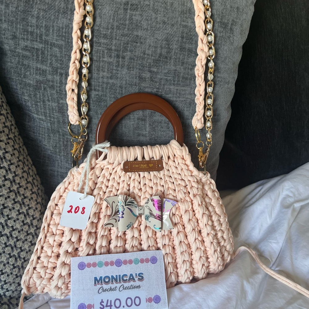 Pink and Brown Crossbody Bag with Wooden Handles